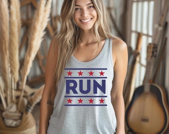 May include: A gray tank top with a blue and red graphic that says "RUN" with five red stars above and below the word.
