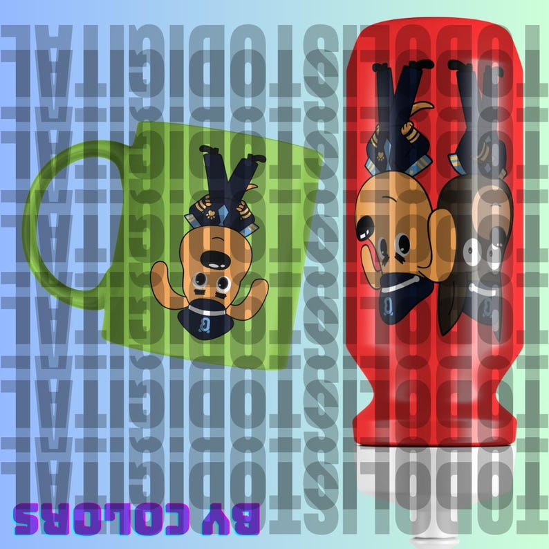 May include: Red and green merchandise featuring cartoon dogs in pilot uniforms.  A red water bottle and a green mug showcase the same design: two upside-down dogs in aviator outfits, against a contrasting background. The text 'BY COLORS' is visible.