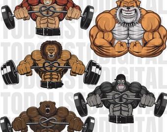 Può includere: Quattro diversi personaggi animali che sollevano pesi. Un toro rosso, un leone marrone, un orso marrone e un gorilla grigio. Ogni animale indossa una cintura da sollevamento pesi e ha un'espressione determinata sul viso. Lo sfondo è bianco.