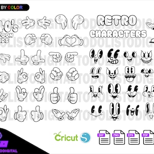 Puede incluir: Ilustración digital en blanco y negro con manos y caras de dibujos animados de estilo retro. La imagen incluye varios gestos de manos y expresiones de personajes, con el texto "1940's Cartoon Hands" y "Retro Characters".