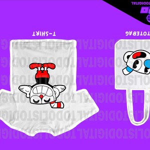 May include: White t-shirt and tote bag featuring a cartoon character design. The t-shirt displays the character upside down with red, black, and white details. The tote bag shows the character's face with red, black, and blue accents. The background is purple.