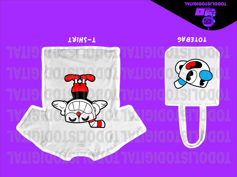May include: White t-shirt and tote bag featuring a cartoon character design. The t-shirt displays the character upside down with red, black, and white details. The tote bag shows the character's face with red, black, and blue accents. The background is purple.