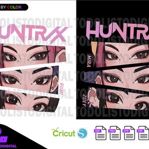 May include: Digital design featuring the word "HUNTRX" in pink above three sets of stylized eyes. Each set is labeled with a name: Mira, Rumi, and Zoey. The design is available in various file formats.