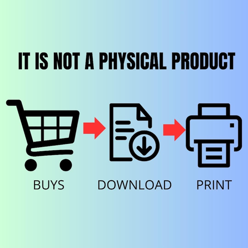 May include: A digital product infographic depicts the process of buying, downloading, and printing a digital item.  The illustration uses a shopping cart icon, a file download icon, and a printer icon, connected by red arrows.  Text on the image reads: 'IT IS NOT A PHYSICAL PRODUCT', 'BUYS', 'DOWNLOAD', and 'PRINT'. The background is a gradient of light blue and light green.