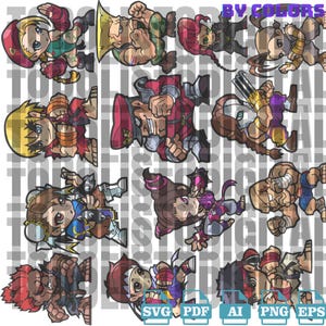 Puede incluir: Una ilustración digital de 12 personajes de dibujos animados de la serie de videojuegos Street Fighter. Los personajes están en varias poses y todos visten sus atuendos característicos. Los personajes están todos en una postura de lucha, listos para luchar. La ilustración está en un estilo de dibujos animados y es perfecta para los fanáticos de la franquicia Street Fighter.