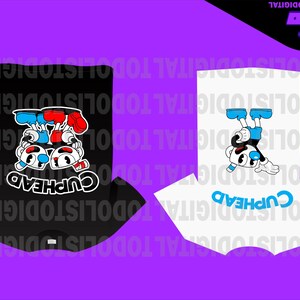 May include: Two t-shirts featuring the Cuphead cartoon character. One black t-shirt displays the Cuphead logo and two characters in red and blue. The other is white with a single character in blue. The background is purple.
