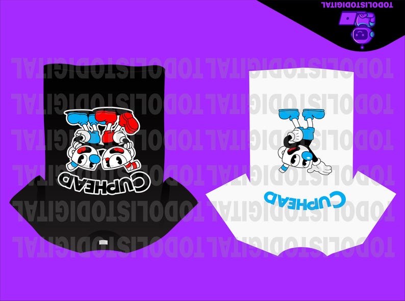 May include: Two t-shirts featuring the Cuphead cartoon character. One black t-shirt displays the Cuphead logo and two characters in red and blue. The other is white with a single character in blue. The background is purple.