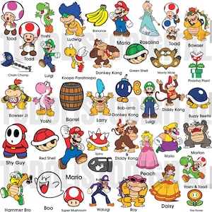 Puede incluir: Una ilustración colorida con varios personajes de la franquicia de videojuegos Super Mario Bros. Los personajes se representan en sus poses y atuendos icónicos, incluidos Mario, Luigi, Peach, Bowser, Yoshi y muchos más. La ilustración es un homenaje divertido y nostálgico a la querida serie de videojuegos.