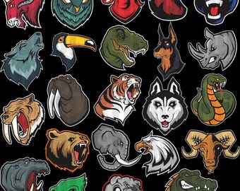 Può includere: Una collezione di 20 illustrazioni colorate di teste di animali, tra cui un lupo, una tigre, un'aquila, un rinoceronte, un serpente e altro ancora. Ogni illustrazione è in stile cartone animato con contorni audaci e colori vivaci.