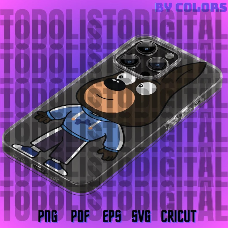 May include: Phone case featuring a cartoon dog in a blue sweatshirt and dark pants. The dog is brown and has a playful expression. The case is transparent, showcasing the phone's camera.  The background shows the text 'TODOLISTODIGITAL' repeated vertically.  Below the case, the text 'PNG PDF EPS SVG CRICUT' is displayed. The overall theme is phone accessories and digital downloads.