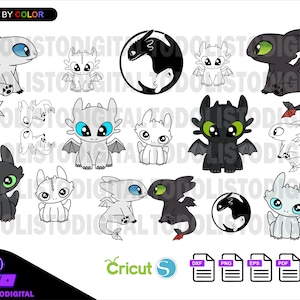 Puede incluir: Un gráfico digital con varias ilustraciones de dragones de dibujos animados en negro, blanco y gris. Los dragones tienen ojos grandes y alas, algunos en parejas. La imagen incluye el texto "LAYERED BY COLOR" e iconos de tipo de archivo.