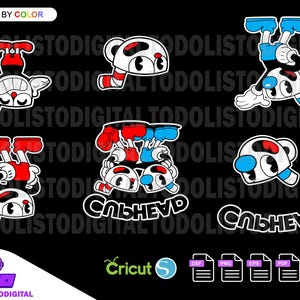 May include: A collection of cartoon character designs in red, white, and blue, with the text "СЛЬНЕУД". The designs include various poses of the character, with the text "LAYERED BY COLOR" at the top. The image also includes file type icons for Cricut.