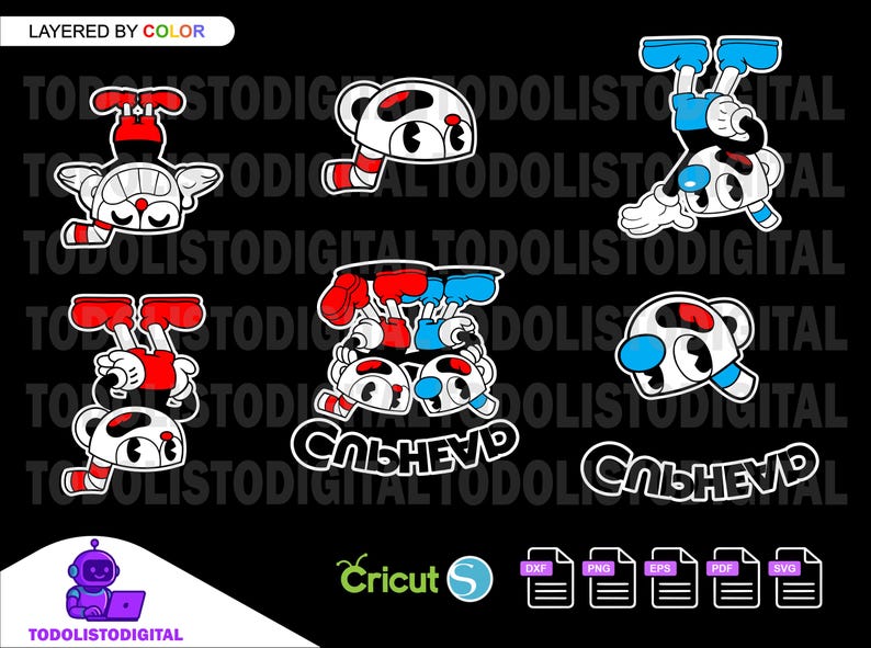 May include: A collection of cartoon character designs in red, white, and blue, with the text "СЛЬНЕУД". The designs include various poses of the character, with the text "LAYERED BY COLOR" at the top. The image also includes file type icons for Cricut.