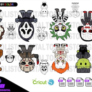 May include: A digital graphic featuring cartoon illustrations of horror movie characters, including Freddy Krueger, Jason Voorhees, and Pennywise. The characters are depicted in a cute, upside-down style, with a variety of colors and details.