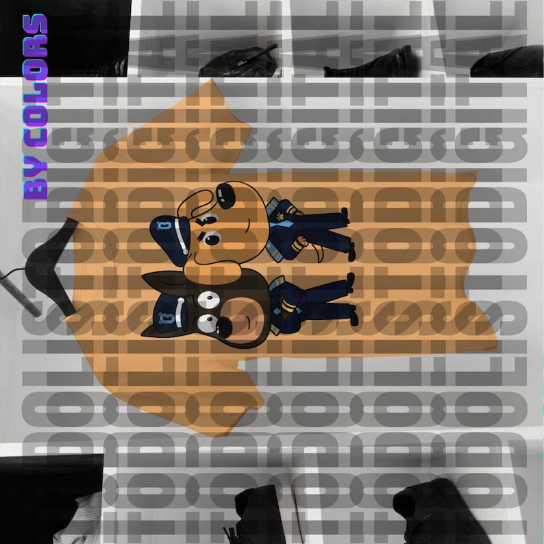 May include: Tan t-shirt featuring a cartoon illustration of two dogs in pilot uniforms. One dog is brown, the other is black. Both dogs wear blue caps with a logo. The illustration is centered on the shirt.  The shirt is displayed on a hanger against a gray background with a repeating pattern.