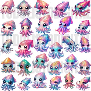 Puede incluir: Un conjunto de 30 imágenes de clipart digital que presentan lindos calamares de dibujos animados con patrones de purpurina iridiscente. Los calamares están en varias poses y colores, incluyendo rosa, azul, verde y morado.