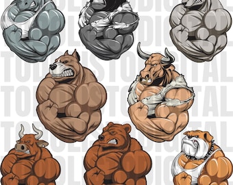 Può includere: Un'illustrazione digitale di dieci animali diversi con corpi muscolosi. Gli animali sono un rinoceronte, un gorilla, un cane, un toro, un bulldog, un orso e tre tori diversi. Gli animali sono tutti in stile cartone animato e vengono mostrati mentre flettono i muscoli.