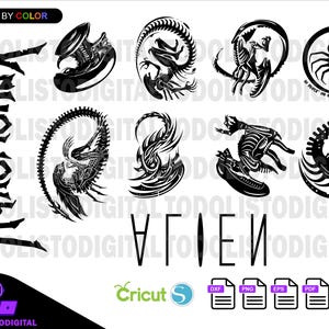 Puede incluir: Arte digital en blanco y negro con varias representaciones estilizadas de la criatura Alien Xenomorph. La palabra "Xenomorph" está apilada verticalmente a la izquierda, y la palabra "Alien" está en el centro. Incluye iconos de tipo de archivo para Cricut.
