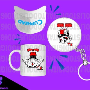 May include: A white face mask with the word "CUPHEAD" in blue, a white mug, and a round keychain with a cartoon character design. The character has red shoes, black and white face, and is upside down. The background is purple.
