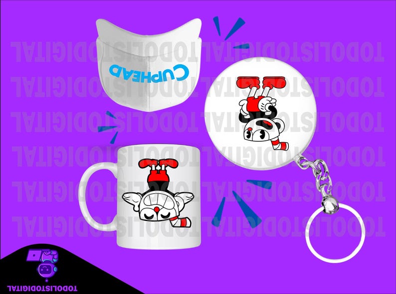 May include: A white face mask with the word "CUPHEAD" in blue, a white mug, and a round keychain with a cartoon character design. The character has red shoes, black and white face, and is upside down. The background is purple.