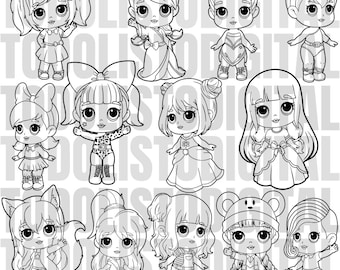 May include: A set of 12 black and white line drawings of cute cartoon girls with different hairstyles and outfits. The girls are all wearing dresses, skirts, or pants and have big eyes and smiles.