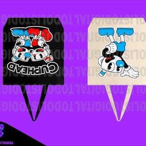 May include: Two tote bags with Cuphead cartoon character designs. One bag is black with a Cuphead graphic and the word "CUPHEAD". The other bag is beige with a Cuphead graphic. Both bags have a handle.