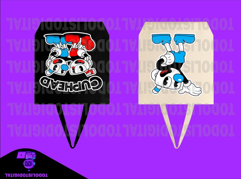 May include: Two tote bags with Cuphead cartoon character designs. One bag is black with a Cuphead graphic and the word "CUPHEAD". The other bag is beige with a Cuphead graphic. Both bags have a handle.