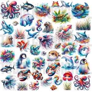 水彩の小さな海の動物コレクションクリップアート、46 PNG クリップアート、かわいい海の生き物のクリップアート、海の生き物バンドル、商用利用