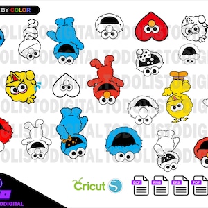 May include: A digital graphic featuring various Sesame Street character designs in multiple colors and outlines. The image includes Cookie Monster, Elmo, Big Bird, and others, with the text "LAYERED BY COLOR" and "TODOLISTODIGITAL".