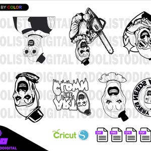 May include: Black and white digital art featuring multiple images of a scary clown with various designs. The word "TERRIFIER" is vertically stacked on the left. Includes file type icons for Cricut, DXF, PNG, EPS, PDF, and SVG.