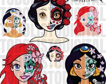 Può includere: File di progettazione digitale per una festa di Halloween con le principesse Disney Biancaneve, Ariel e Jasmine con trucco di teschio di zucchero. Il testo "Halloween Party" è in cima all'immagine.