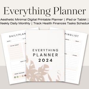 Könnte beinhalten: Ästhetischer digitaler Planer mit dem Text "Everything Planner 2024". Der Planer enthält Abschnitte für Tagesplanung, Einkaufslisten und Stimmungsverfolgung. Das Design ist minimalistisch mit einer neutralen Farbpalette.