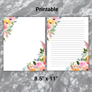 Conjunto de escritura de cartas florales: papel de papelería imprimible con líneas, descarga instantánea, papel de diario de 8,5 x 11, papel bonito para tomar notas, regalo de mamá
