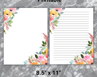 Floral Letter Writing Set - Printable Stationery Paper with Lines, Instant Download, 8.5x11 Journal paper, Pretty Notetaking Paper, Mom Gift