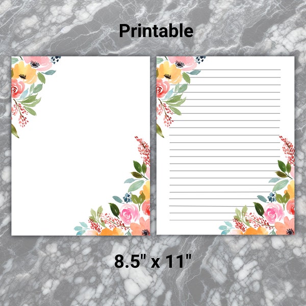 Floral Letter Writing Set - Printable Stationery Paper with Lines, Instant Download, 8.5x11 Journal paper, Pretty Notetaking Paper, Mom Gift