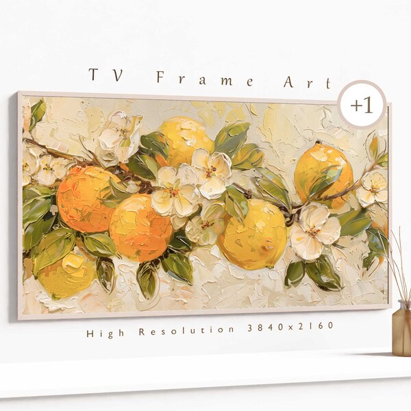 TV Frame Art Impasto Lemon Botanical Art, Lemon Fruit Wall Art, Lemon Citrus Painting Décor, Kitchen Wall Art Impressionist Spring Art