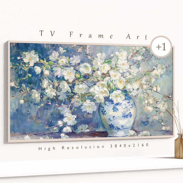 Floral Vase Frame TV Art, Wildflower Arrangement Art Décor, Spring White Flower Oil Painting, Cottage core Botanical Digital Download