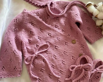 Hand-Knitted Organic Cotton Baby Romper Set: Bonnet & Booties