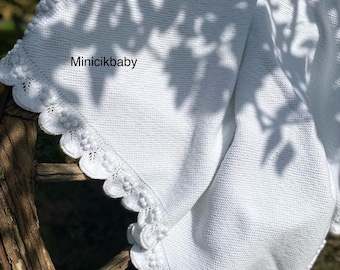 Hand Knitted Organic Cotton Baby Blanket: Christening Gift