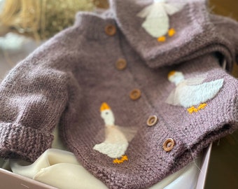 Hand Knit Alpaca Baby Cardigan Set: Goose Applique, Organic Cotton