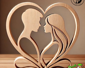May include: A wooden cutout of two people facing each other in a heart shape. The cutout is made of light brown wood and has a detailed design.
