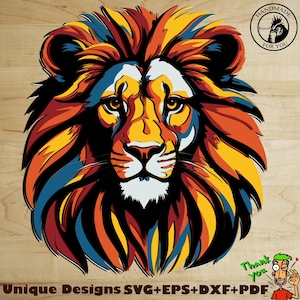 May include: A colourful, stylised illustration of a lion's head with a mane of red, orange, yellow, and blue. The lion's eyes are open and the mouth is closed. The image is on a woodgrain background.