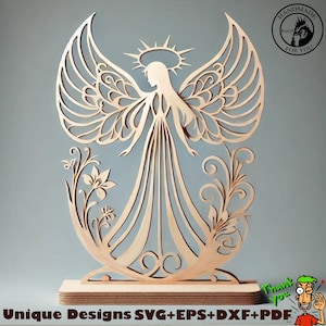 Puede incluir: Un ángel de madera cortado con láser con detalles intrincados y un halo. El ángel está de pie sobre una base de madera y tiene diseños florales a su alrededor. El texto "Handmade for You" es visible en la esquina superior derecha de la imagen.
