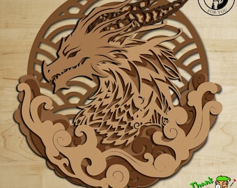 Windelement draak. Lasergesneden houten muurkunst met een 3D gelaagd mandala-ontwerp. Perfect voor interieur, kantoor. Een uniek cadeau voor fantasieliefhebbers