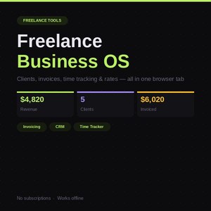 以下が含まれることがあります： 「Freelance Business OS」のテキストと「クライアント、請求書、時間追跡、料金 - すべて1つのブラウザタブで」というキャッチフレーズが記載された暗いグラフィック。収益、クライアント、請求額を表示します。請求、CRM、時間追跡のボタンが含まれています。