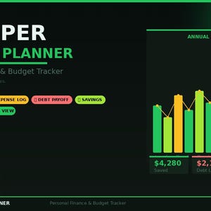 Puede incluir: Gráfico digital para un planificador de presupuesto, con el texto "PROSPER BUDGET PLANNER" en blanco y verde. El gráfico incluye un gráfico que muestra el gasto anual, con métricas clave como ahorros, deuda restante y patrimonio neto.