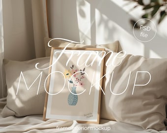 Vertical Frame Mockup: Thin Wood, Bedroom Interior (PSD Photoshop Photopea)