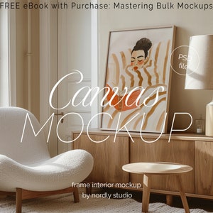Framed Canvas Mockup, Floating Frame Mockup, ISO DIN A Ratio, Thin Wood Floating Frame, PSD Photoshop Mockup, Canvas Mockup Boucle Armchair