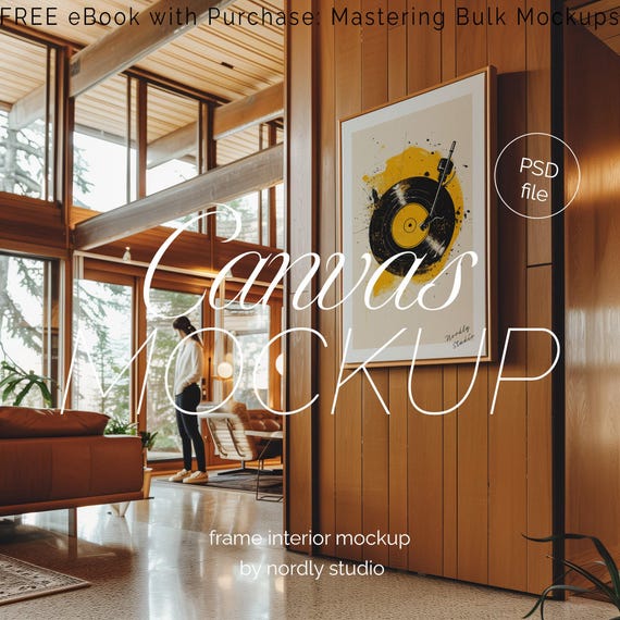 Vertical Framed Canvas Mockup: Mid-Century Modern Interior (PSD)