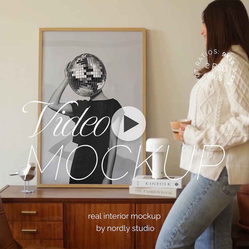 Social Media Wall Art Mockup Video With Person, 1x1 & 9x16 Aspect Ratio for Reels, PSD Animated Mockup, Video Mockup Home Interior MOV